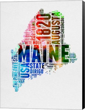 Framed Maine Watercolor Word Cloud Print