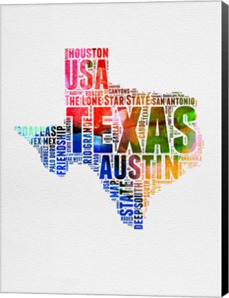 Framed Texas Watercolor Word Cloud Print