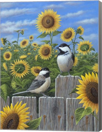 Framed Chickadees And Sunflowers Print