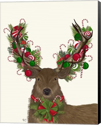 Framed Deer, Candy Cane Wreath Print