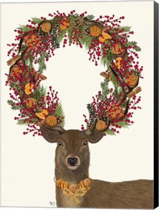 Framed Deer, Cranberry and Orange Wreath, Full Print