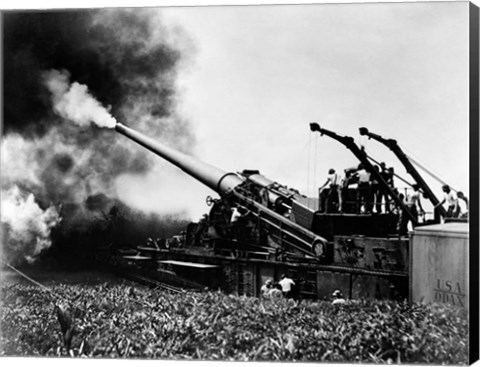 Framed 1940s WWII Big Artillery Railroad Gun Firing Print