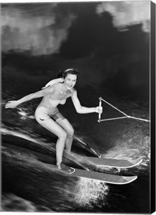 Framed 1950s Smiling Woman In A White Two Piece Bathing Suit Print