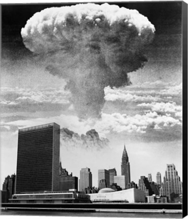 Framed 1950s 1960s Mushroom Cloud Over United Nations Building Print