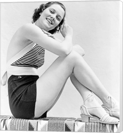 Framed 1930s  Smiling Brunette Woman Wearing Striped Halter Top Print