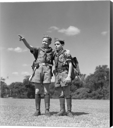 Framed 1950s Two Boy Scouts One Pointing Wearing Hiking Gear Print