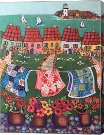 Framed Rosey Roofed Cottages and Quilts Print