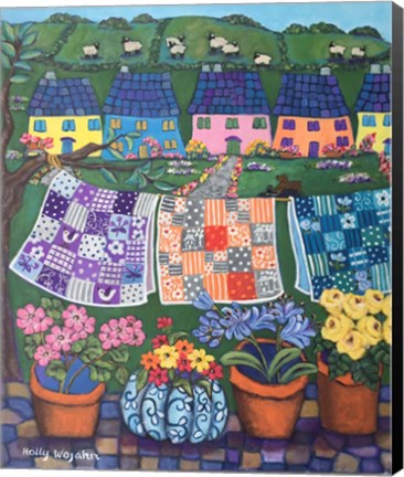 Framed Cottages Quilts and Sheep Print