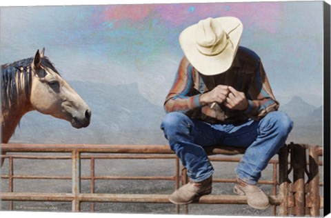 Framed Cowboy On Fence Print