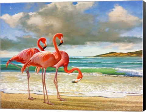 Framed Beach Scene Flamingos Print