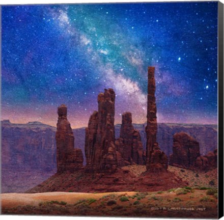 Framed Totem Pole At Night Print