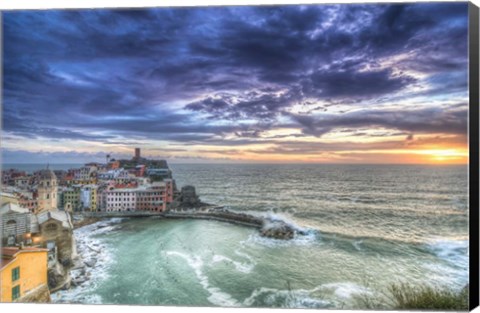 Framed Sunset over Vernazza Fishing Village Italy Print