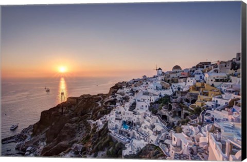 Framed Ship Sailing into the Sunset in Oia Greece Print