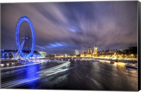 Framed Light Trails Up The Thames Print