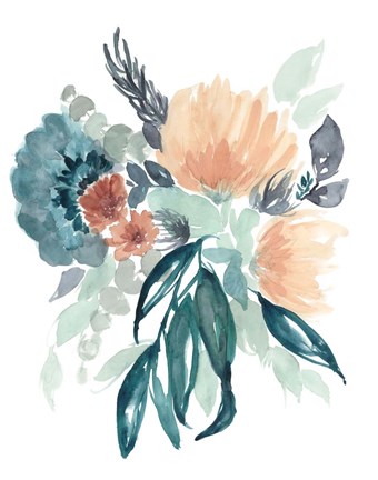 Framed Teal &amp; Peach Bouquet II Print