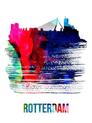 Framed Rotterdam Skyline Brush Stroke Watercolor Print