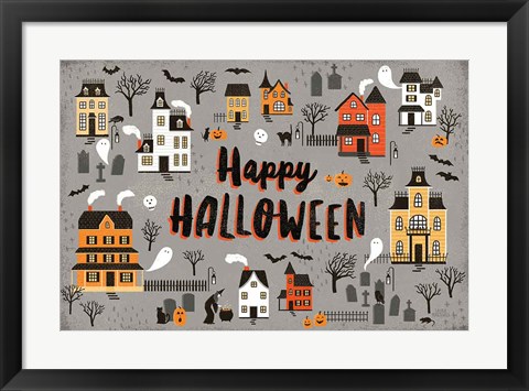 Framed Spooky Village I Gray Print