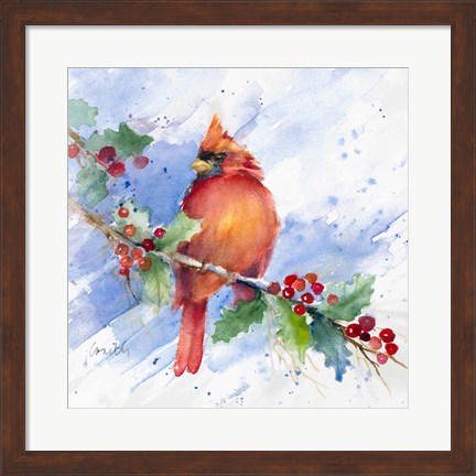 Framed Cardinal on Holly Branch Print