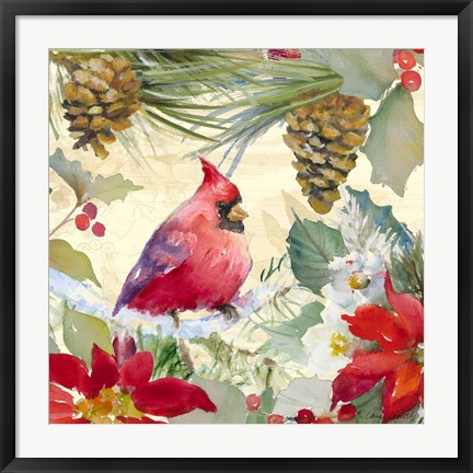 Framed Cardinal and Pinecones I Print