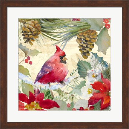 Framed Cardinal and Pinecones I Print