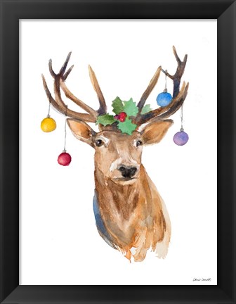 Framed Deer with Holly and Ornaments Print