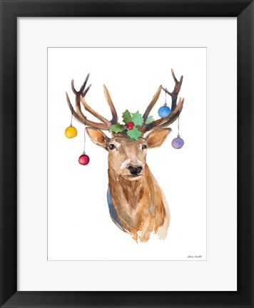 Framed Deer with Holly and Ornaments Print