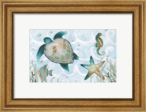 Framed Watercolor Sea Creatures Panel (blue) Print