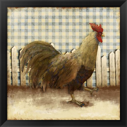 Framed Rooster on Damask I Print