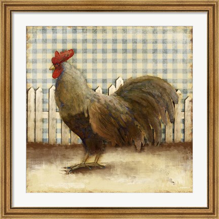 Framed Rooster on Damask II Print