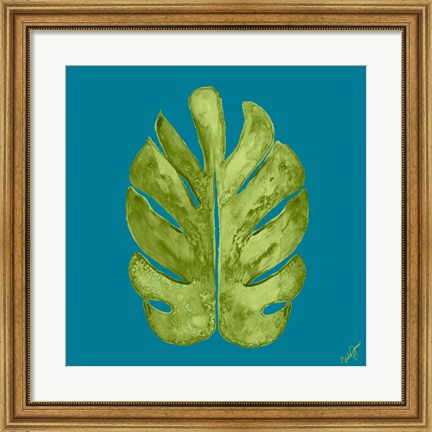 Framed Leaf On Teal I Print