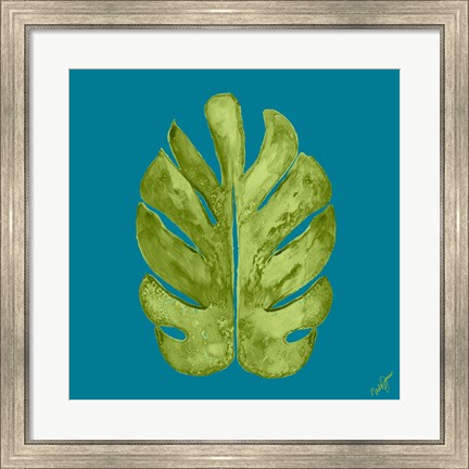 Framed Leaf On Teal I Print