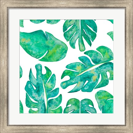 Framed Aqua Leaves On White Print