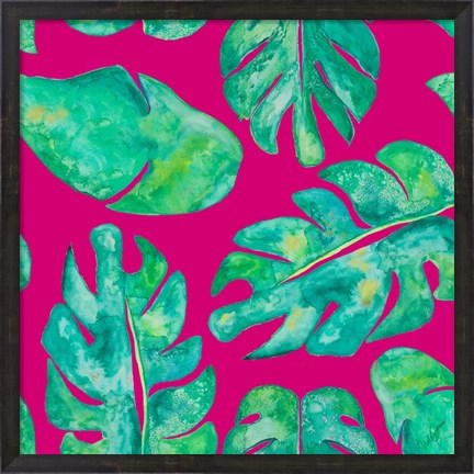 Framed Aqua Leaves On Pink Print