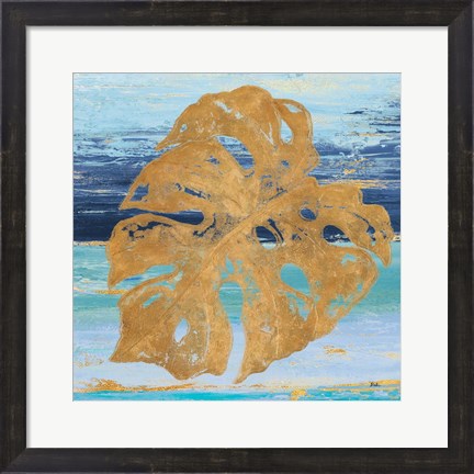 Framed Gold and Teal Leaf Palm II Print