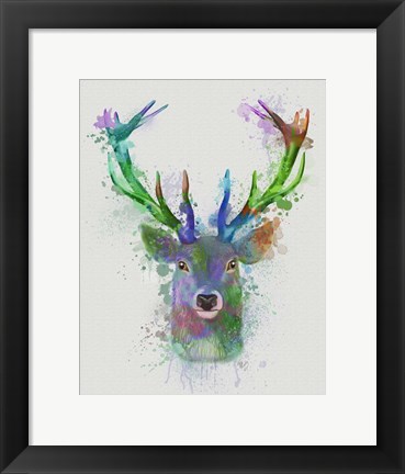 Framed Deer Head 1 Rainbow Splash Blue and Green Print