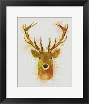 Framed Deer Head 1 Rainbow Splash Red and Gold Print