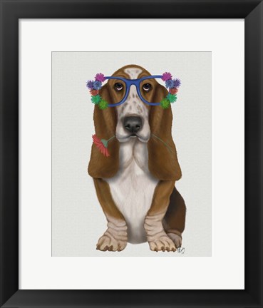 Framed Basset Hound Flower Glasses Print