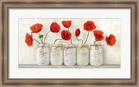 Framed Red Poppies in Mason Jars Print