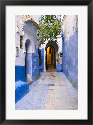 Framed Morocco, Chaouen Narrow Street Lined With Blue Buildings Print