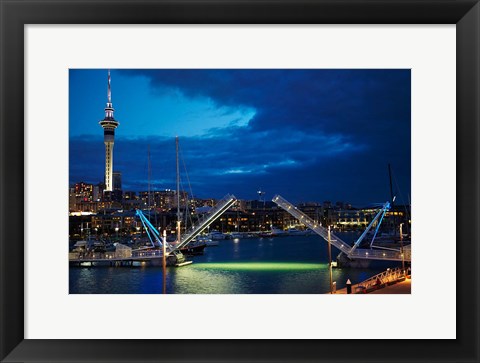 Framed Wynyard Crossing Bridge, And Skytower, Auckland Waterfront, New Zealand Print