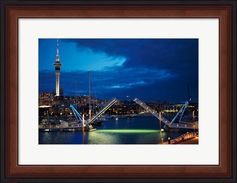 Framed Wynyard Crossing Bridge, And Skytower, Auckland Waterfront, New Zealand Print