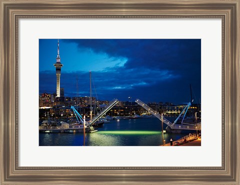 Framed Wynyard Crossing Bridge, And Skytower, Auckland Waterfront, New Zealand Print