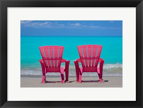 Framed Bahamas, Little Exuma Island Pink Chairs On Beach Print