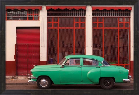 Framed Cuba, Havana Green Car, Red Building On The Streets Print