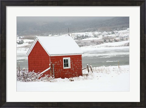 Framed North America, Canada, Nova Scotia, Cape Breton, Cabot Trail, Red Shed In Winter Print