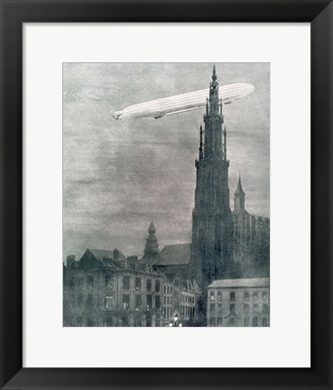 Framed WORLD WAR I (1914-1918) First German Zeppelin Over Antwerp Print