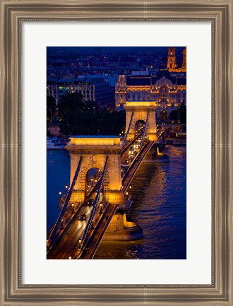 Framed Hungary, Budapest Chain Bridge Lit At Night Print