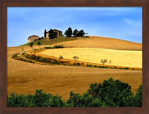 Framed Italy, Tuscany, Farmhouse And Fields Print