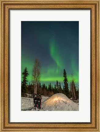 Framed Alaska, Fairbanks A Quinzee Snow Shelter And Aurora Borealis Print