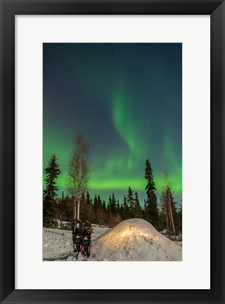 Framed Alaska, Fairbanks A Quinzee Snow Shelter And Aurora Borealis Print